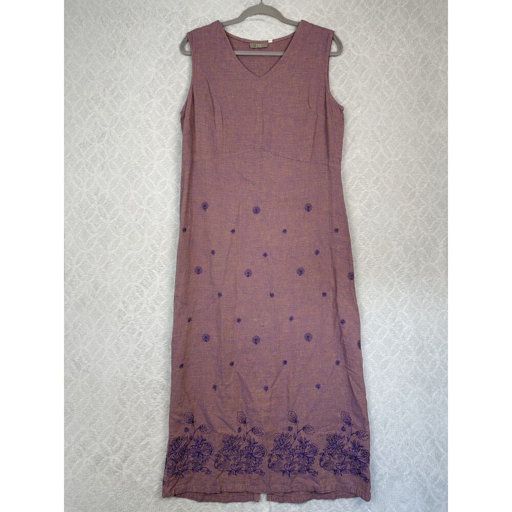 Vtg Linen Maxi Dress 14 Petite Purple Stonewash Embroidered Cottage Fairy Hippie